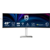 Curved Philips 49" monitor, ultra-wide screen, silver stand, with USB-C, DisplayHDR 400, and built-in speakers.