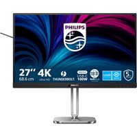 Philips 27" 4K Ultra HD LED monitor, anthracite frame, sleek stand, vibrant display with branding and feature icons.