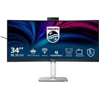 Philips 34" grey monitor, ultra-wide screen, slim bezels, curved design, with built-in webcam and adjustable stand.