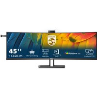 Black Philips 45" UltraWide monitor, 5120x1440 pixels, curved screen, dual stand, built-in webcam, vibrant display.