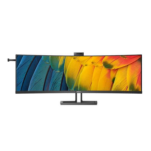 Curved black Philips 6000 Series monitor with a sleek design, featuring a 45-inch UltraWide screen and vibrant color display, ideal for multitasking and immersive viewing.