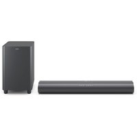 Black Philips 6100/10 soundbar with matching subwoofer, sleek design, and subtle branding on the front.