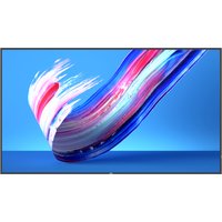 Philips 86" digital signage flat panel with slim black bezel, displaying vibrant abstract swirl on blue background.