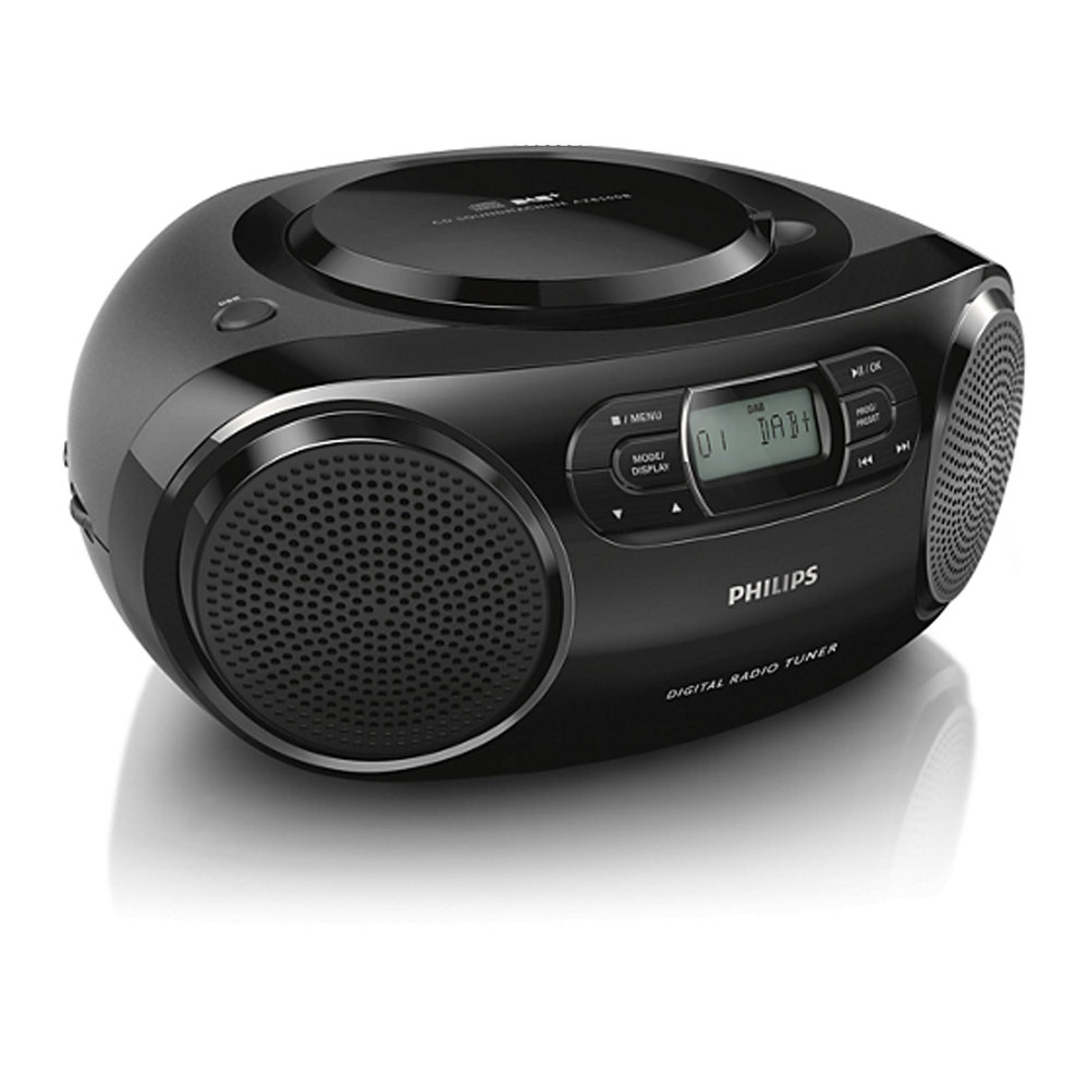 Black Philips AZB500-12 Portable Stereo System features a digital CD player, front display panel, and dual speakers, designed for easy portability and versatile sound playback.