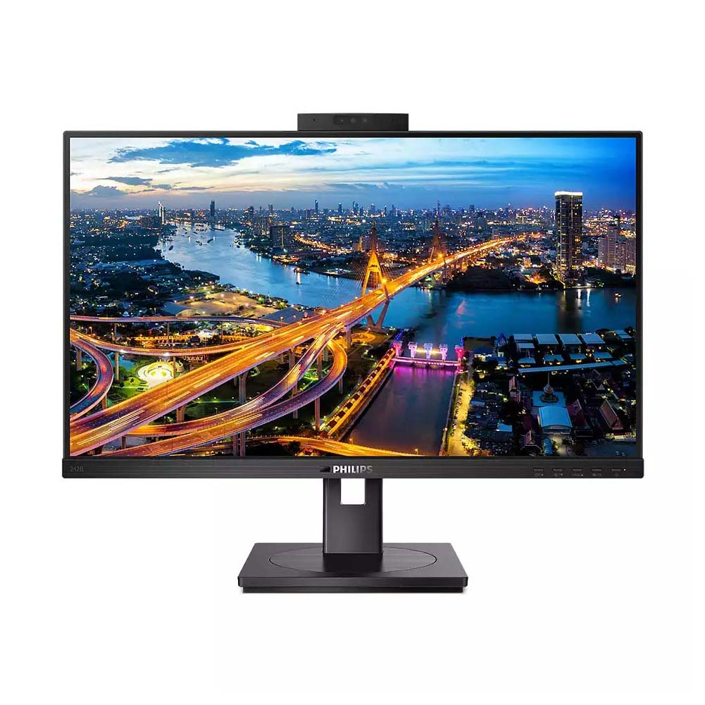 Philips B Line 242B1H/75 monitor features a sleek black design, 23.8-inch Full HD LCD display, and a slim bezel, showcasing a vibrant cityscape on screen.