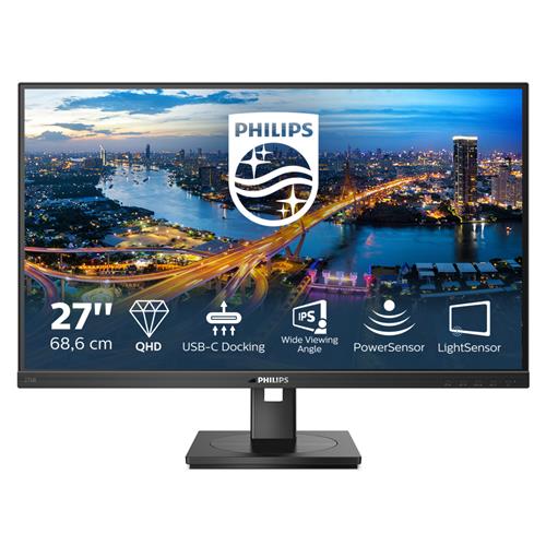 Philips B Line 276B1/75 monitor features a sleek black design, 27-inch QHD display, USB-C docking, and icons for PowerSensor and LightSensor technologies.
