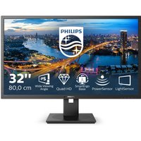 Black Philips B Line 31.5" monitor, 2K Ultra HD, slim bezels, rectangular stand, cityscape on screen.