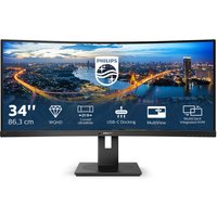 Curved black Philips B Line 34" monitor, Quad HD, 3440x1440 pixels, with USB-C and MultiView features.