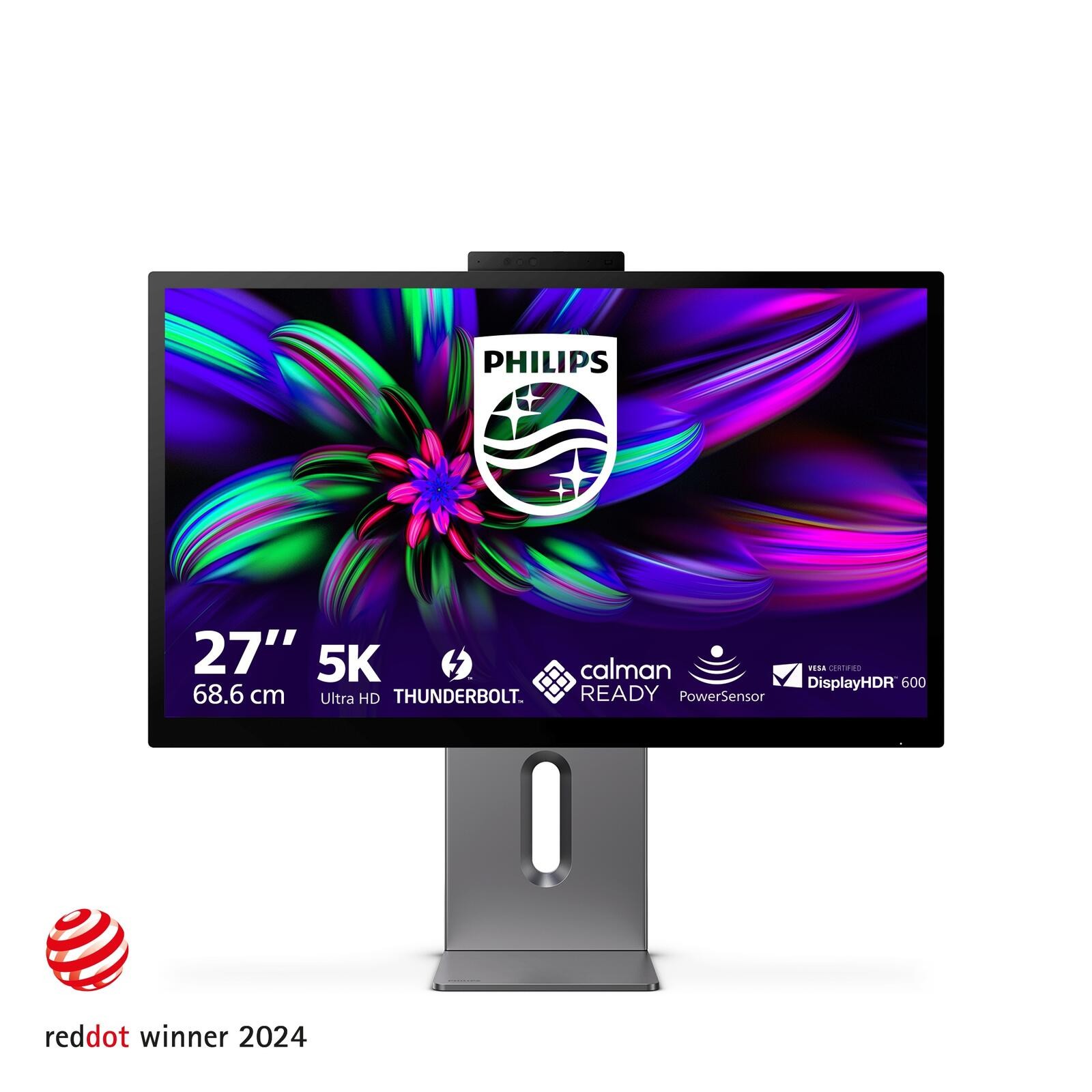Philips Brilliance 27E3U7903/00 monitor features a sleek grey design, 27-inch 5K Ultra HD display, Thunderbolt connectivity, and a modern stand with a vibrant floral screen saver.