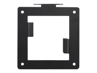 Black metal mounting bracket with a square shape, featuring cutouts and clips for secure attachment, designed for Philips client devices.