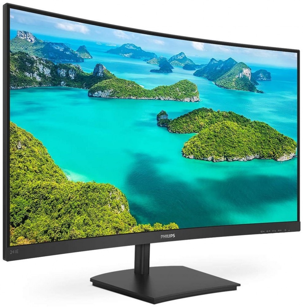 Curved black Philips E Line 241E1SCA/00 monitor with a 23.6" Full HD display, showcasing vibrant coastal scenery on the screen, mounted on a sleek square base.