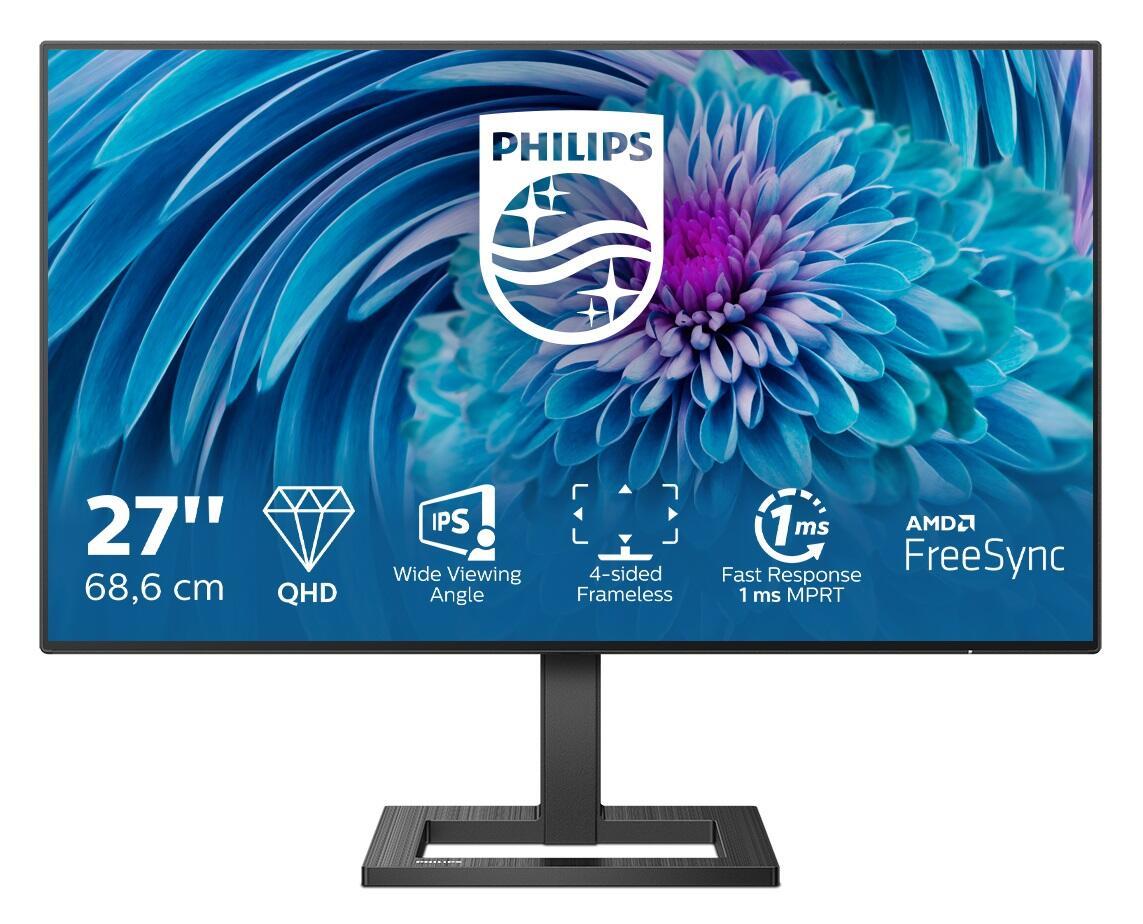 Philips E Line 275E2FAE/00 monitor features a 27-inch QHD display, vibrant blue floral design, ultra-slim bezels, and a sleek black stand with FreeSync technology.