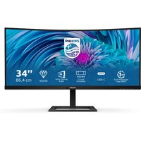 Curved black Philips 34" monitor with slim bezel, wide quad HD+ resolution, and USB-C connectivity.