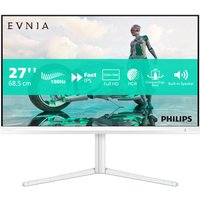 White Philips Evnia 27" Full HD LCD monitor with slim bezels, sleek stand, and vibrant display showing a futuristic scene.