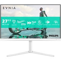 White Philips Evnia 27" Quad HD LCD monitor with slim bezels and a sleek stand, displaying vibrant graphics.