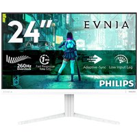 Philips Evnia 3000 white monitor, 23.8" Full HD LCD, slim bezel, V-shaped stand, vibrant display with gaming graphics.