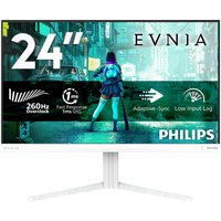 Philips Evnia 3000 monitor, 24" screen, white stand, slim bezels, vibrant display with gaming graphics.