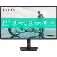Philips Evnia 27" Full HD LCD monitor, grey frame, slim bezels, rectangular stand, vibrant display with graphic design.