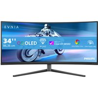 Curved Philips Evnia 34" QD-OLED gaming monitor with sleek stand, vibrant display, and futuristic graphics.