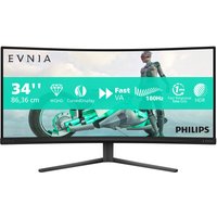Curved Philips Evnia 34" WQHD monitor with slim black bezel and sleek stand, displaying vibrant futuristic image.