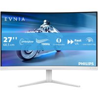 White Philips Evnia 5000 27" Full HD LCD monitor with slim bezels, curved screen, and sleek stand.