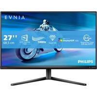 Philips Evnia 5000 monitor, 27" Quad HD, 2560x1440, black frame, sleek stand, vibrant display with graphics.