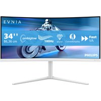 Curved 34" Philips Evnia gaming monitor with slim white stand, blue screen graphics, and sleek bezel design.
