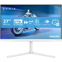 White Philips Evnia 5000 27" 4K Ultra HD LCD monitor with slim bezels and sleek stand.