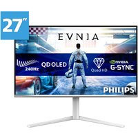 Philips Evnia 6000 27" white monitor, Quad HD QD-OLED display, sleek stand, vibrant screen with gaming graphics.