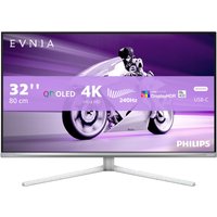 White Philips Evnia 8000 monitor, 32", 4K Ultra HD QD-OLED display, sleek design with thin bezels and modern stand.