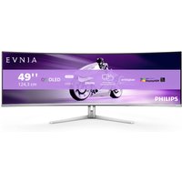 Curved white Philips Evnia 8000 monitor, 49-inch, Dual QHD QD-OLED display with sleek silver stand.