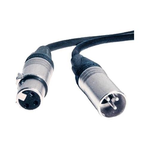 Black audio cable with two silver XLR connectors, featuring a three-pin design on each end, designed for professional sound equipment.
