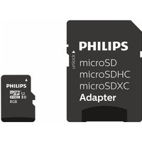 Black Philips 8GB MicroSDHC UHS-I Class 10 card with adapter, white text detailing specifications.