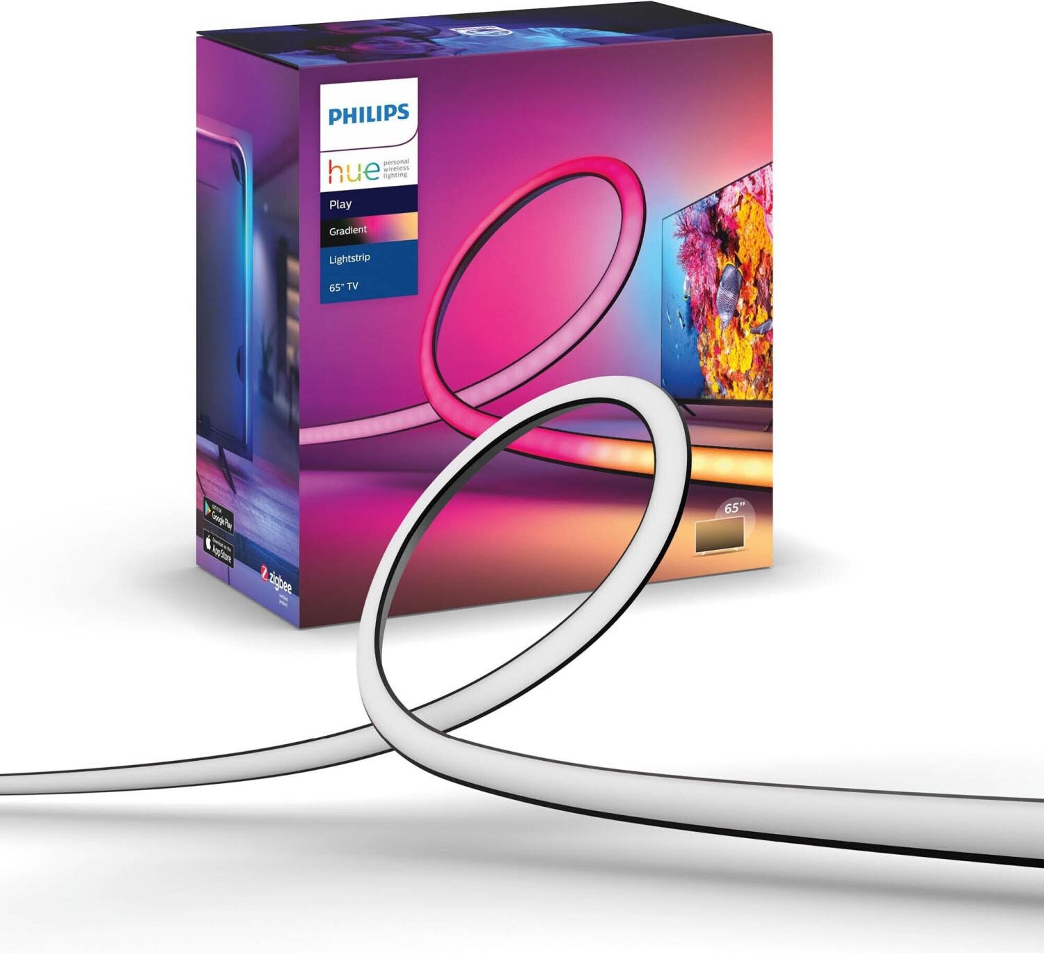 Philips Hue White and Colour Ambience Play Gradient Lightstrip, 65 inches, featuring a flexible design, vibrant color options, and a sleek white finish in packaging with colorful ambient lighting.