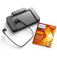 Black Philips LFH7277 foot control unit with textured surface, wired earbuds, and orange software guide booklet.