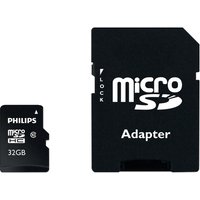 Black Philips 32GB microSD card with white text, accompanied by a larger black SD adapter.