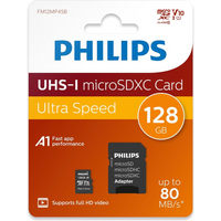 Philips 128GB Micro SDXC card with adaptor, red and white packaging, Class 10 UHS-I U1, up to 80MB/s speed.