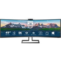 Curved 49-inch Philips P Line SuperWide LCD display with slim bezel, dual screen, and ergonomic stand.