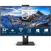Philips 31.5" QHD monitor with slim bezels, USB-C port, built-in webcam, and adjustable black stand.