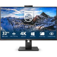 Black Philips 31.5" 4K Ultra HD LED monitor with thin bezels, built-in webcam, and rectangular stand.