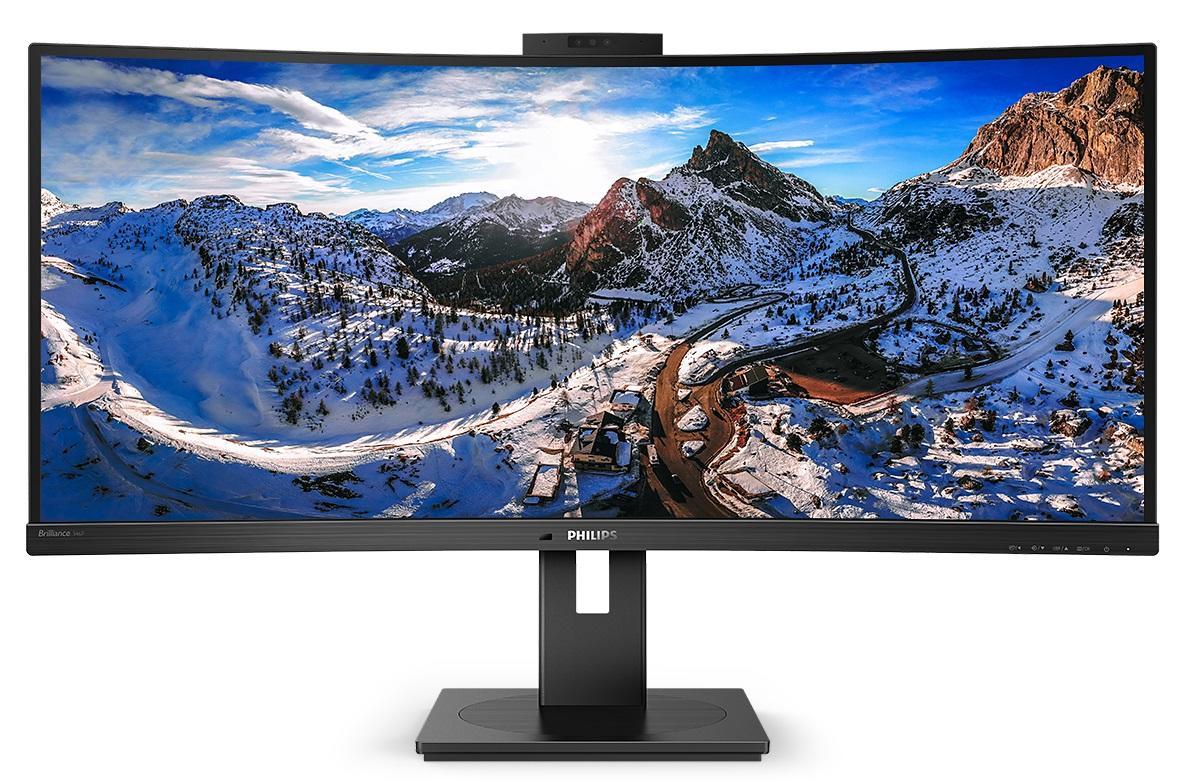 Curved 34-inch Philips P Line monitor in black, featuring UltraWide Quad HD resolution, sleek design, and a sturdy stand, displaying a vibrant mountain landscape.