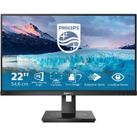 Philips S Line 21.5" monitor, black, Full HD LCD, slim bezels, rectangular stand, displaying scenic mountain image.