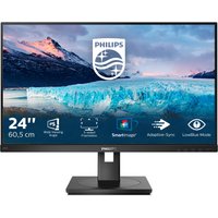 Black Philips 23.8" Full HD LED monitor with thin bezels, rectangular base, and vibrant display showing a mountain landscape.