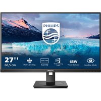 Black Philips 27" Full HD LCD monitor with slim bezels, rectangular base, and screen displaying mountain and glacier image.