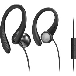 Black Philips ear hook in-ear sports headphones featuring a flexible design, built-in microphone, and textured ear cushions for comfort during workouts.
