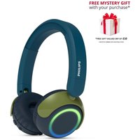 Teal Philips TAK4200 kids' wireless Bluetooth headphones with cushioned ear cups and LED lights.