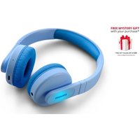 Blue Philips TAK4206 kids wireless Bluetooth on-ear headphones with cushioned ear pads and adjustable headband.