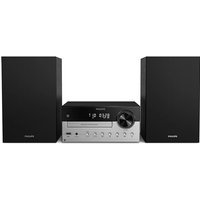 Black Philips home audio micro system with two speakers, silver control panel, and digital display.