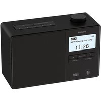 Black Philips digital radio clock with LCD display, control buttons, and a large volume knob on top.