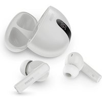 White Philips wireless in-ear headphones with charging case, digital display, and ergonomic ear tips.